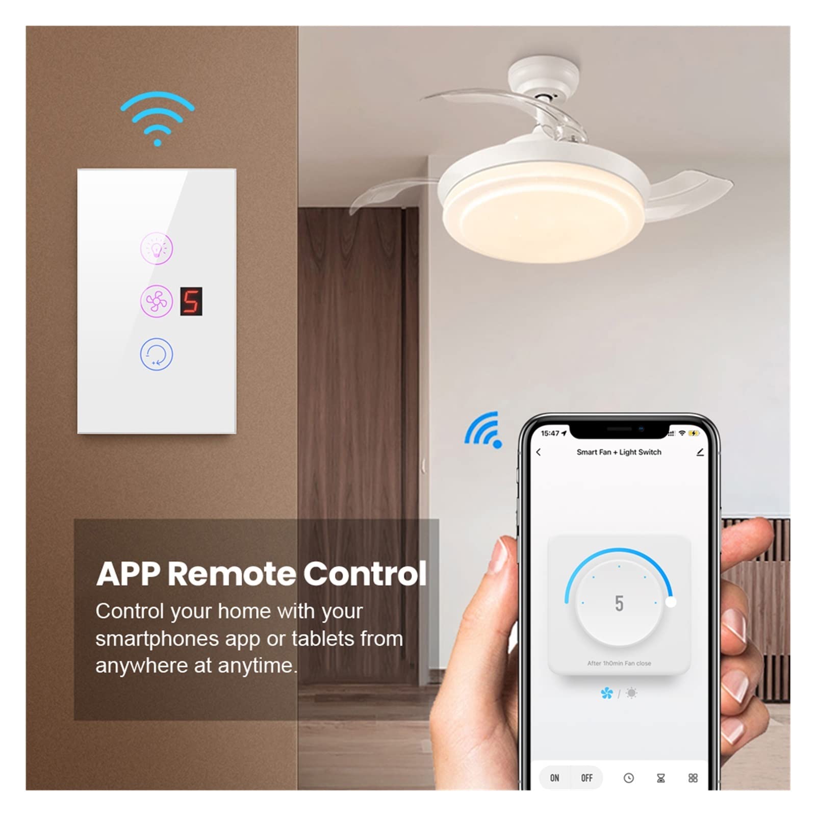 Inteligentny włącznik światła wentylatora Wifi, włącznik lampy wentylatora sufitowego ue/usa pilot Tuya różne sterowanie prędkością praca z Alexa, Google Home (Color : EU White)