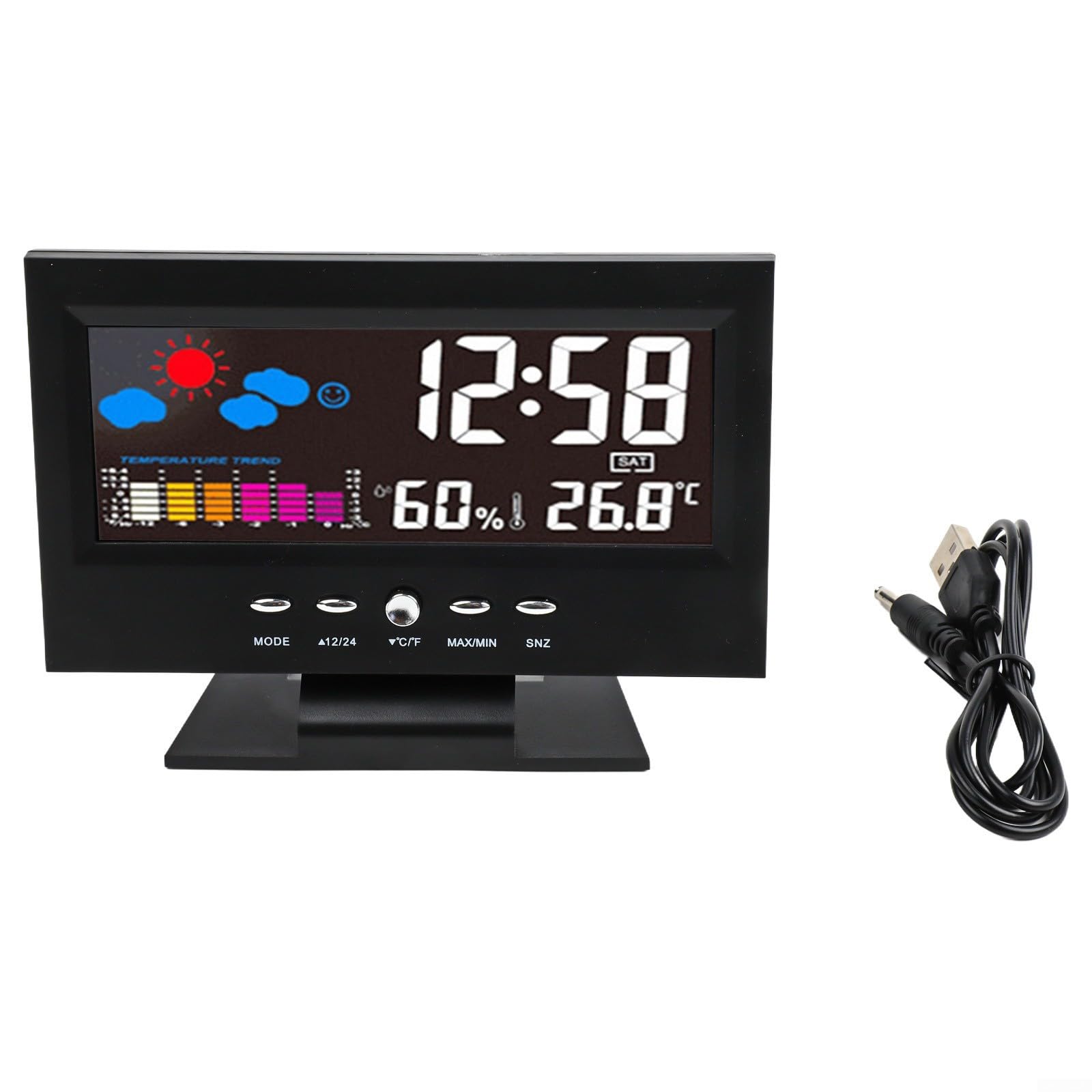 YJDOORPLAY Digital Weather Station with Thermometer Hygrometer and Colour LCD Display, Temperature and Humidity Monitor, Clock with Alarm Snooze, Voice-Controlled Backlight(black)