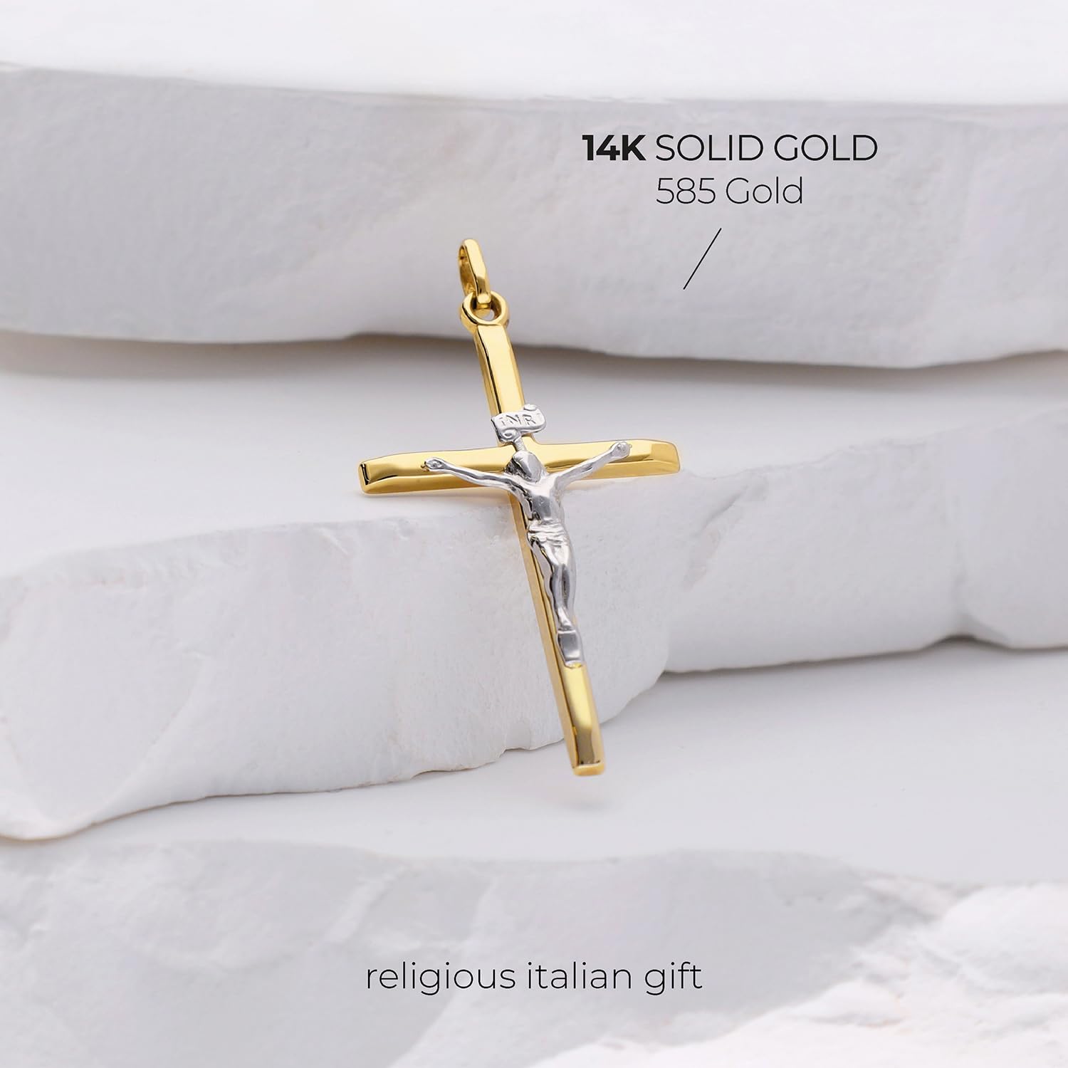 forme di Lucchetta Pendentif en forme de croix en or - Jésus Christ sur la croix 14 carats - Pour homme et femme - Or véritable 585 - Breloques crucifix chrétiennes pour chaîne et bracelet
