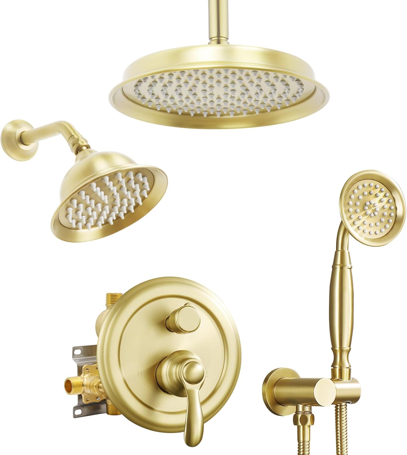Dual Antique Shower Head System: 9" Ceiling Mounted Rain Head & 6" Wall Mount Vintage Rainfall and Handheld Spray Faucet Sets, 3 Way Diverter Brass Valve with Trim Kit, Brushed Gold