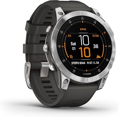 Garmin – Epix – Montre GPS Multisport connectée avec écran AMOLED – Acier, Silver avec bracelet gris – Boitier 47 mm