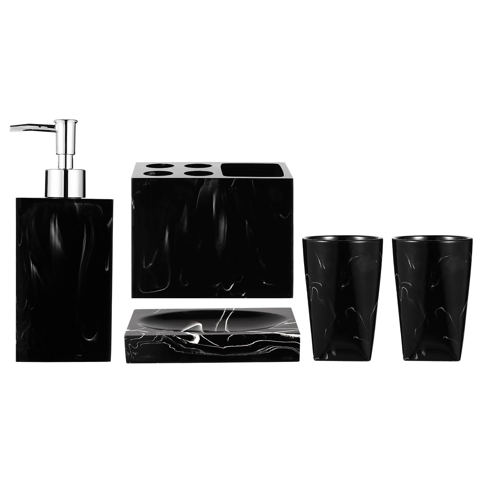 CRAFTHROU de Accesorios para Baño en Resina Negra Juego de 5 Piezas Soporte para Cepillos de Dientes, Jabonera y Vasos, Diseño Cómodo y Práctico para Lavabo