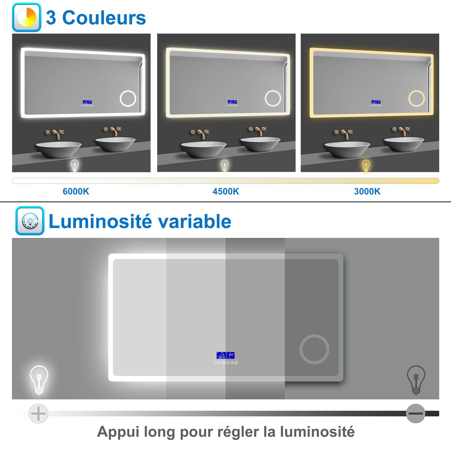 AICA Miroir Salle de Bain 120 x 70cm, Bluetooth + 3 Couleurs + dimmable + grossissant + Horloge + Anti-buée + mémoire, Miroir Lumineux