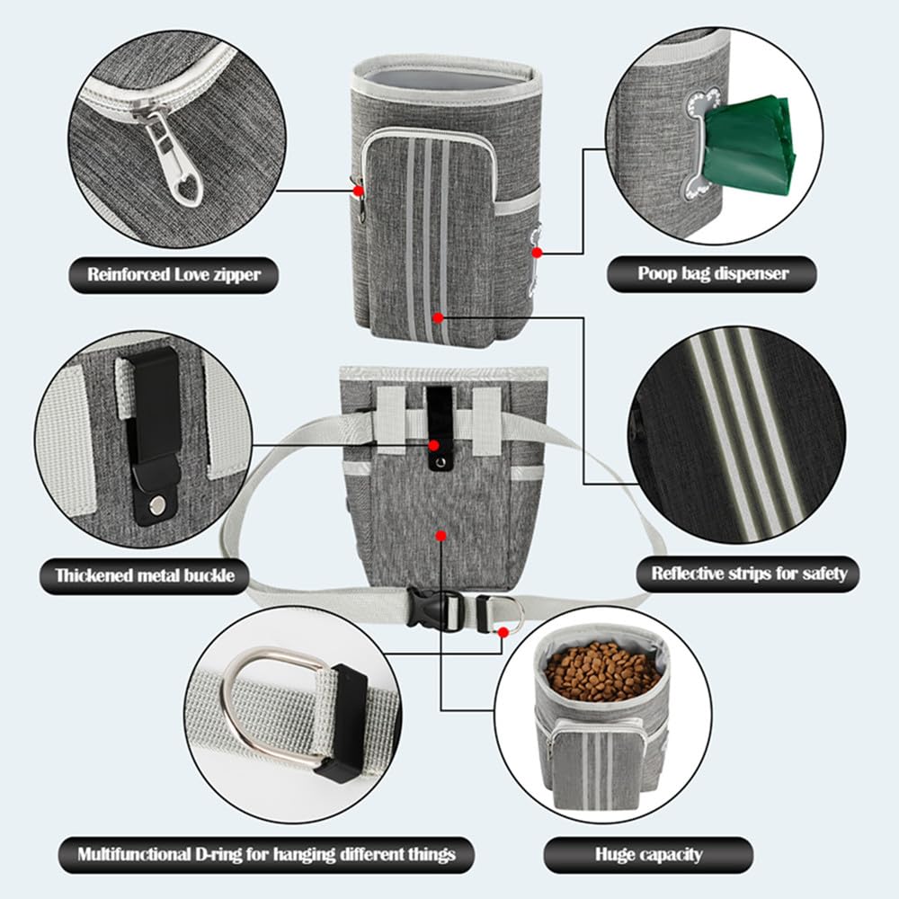 Sacca per Cani Portatile, con Ventosa Magnetica per Cani, per Snack, per Cani e addestramento, con Dispenser per Sacchetti, da Appendere (Grigio)