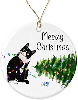 Ceramic Christmas Ornament Tuxedo Cat Christmas Ornament Ceramic Christmas Hanging Ornament Classic Christmas Tree Pendant Decor Round Ceramic Decorations For Door Accent Home Family