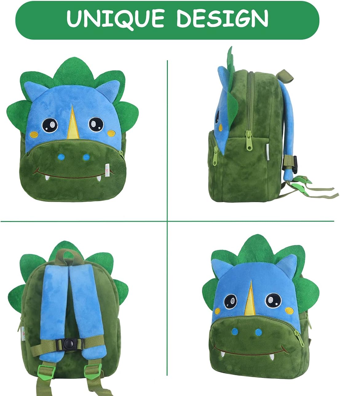 VASCHY Toddler Backpack, Boys and Girls Cute Plush Animal Small Daycare Backpack for Little Kids Dinosaur