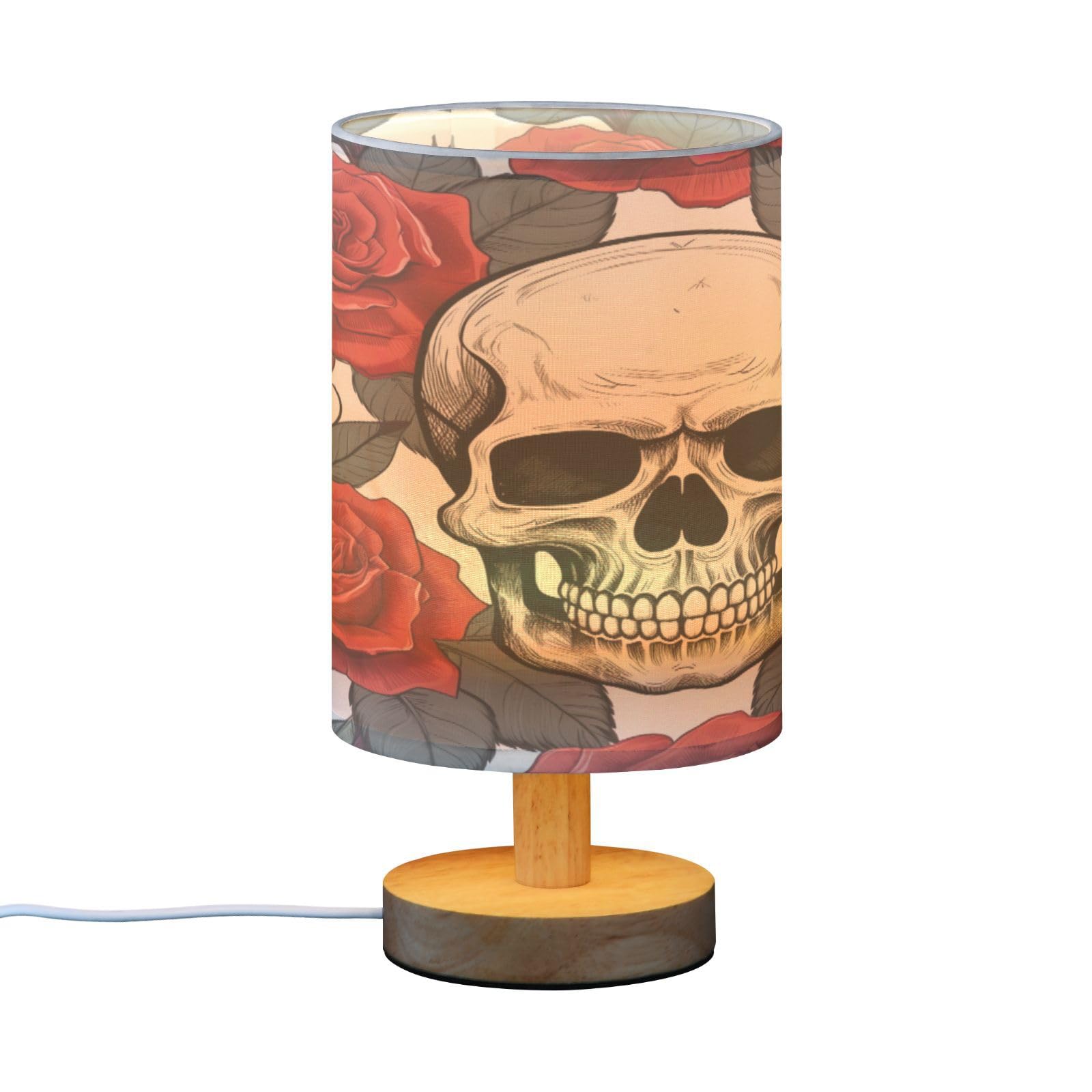 SDMKA Skulls with Red Roses Bedside Table Lamp for Bedroom, Minimalist Nightstand Lamp with Round Fabric Shade for Living Room, Office, No Bulb Required