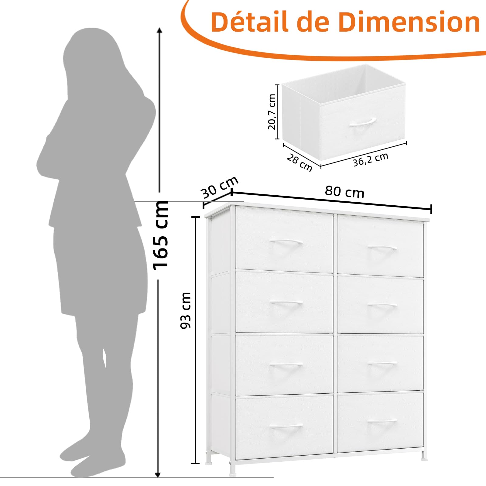 Somdot Commode Chambre, Meuble en Tissu avec Cadre en Acier, Tour de Rangement pour Adult Salon Couloir Entrée, 30P x 80L x 93H (8 Tiroirs), Blanc