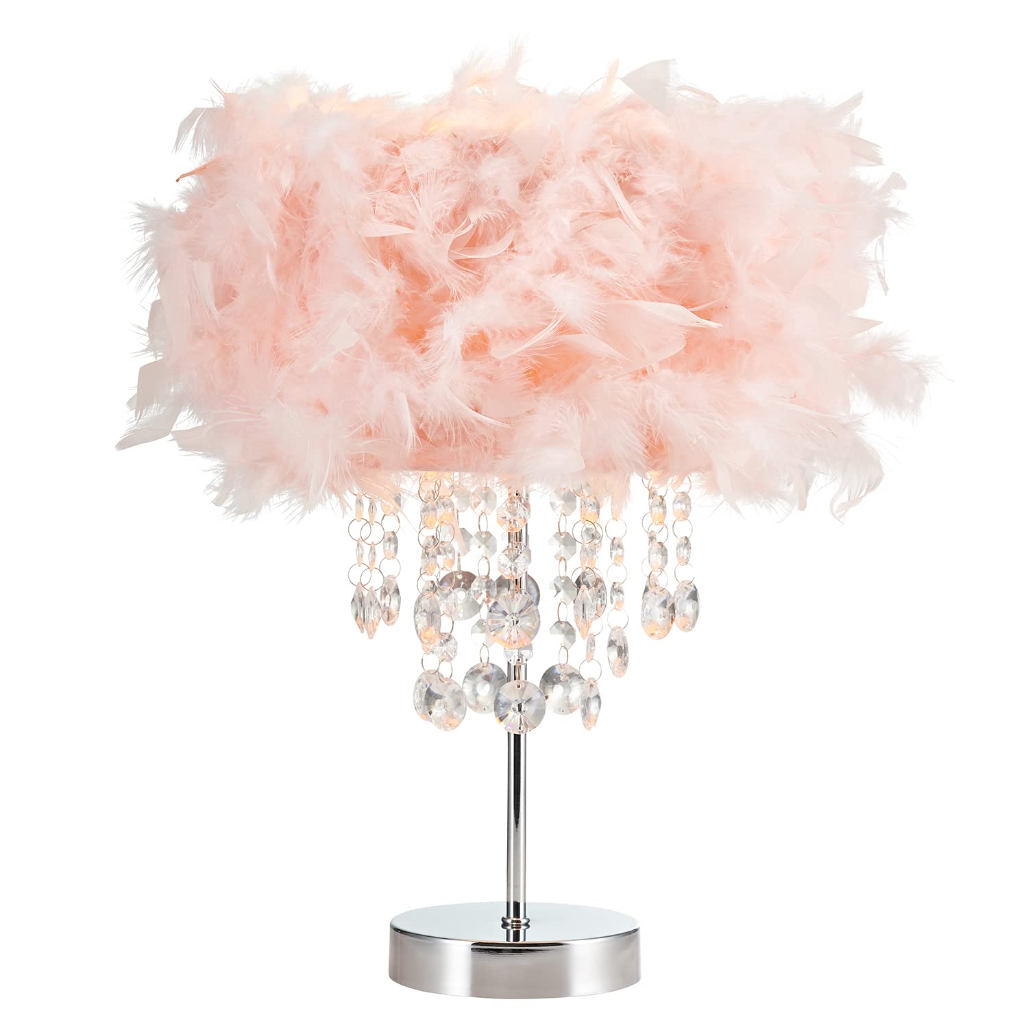 Happy Homewares Modern and Chic Real Pink Feather Chandelier Style Table Lamp with Waterfall Clear Acrylic Droplets | Chrome Metal Base and Stem | 40w Max E27 Bulb