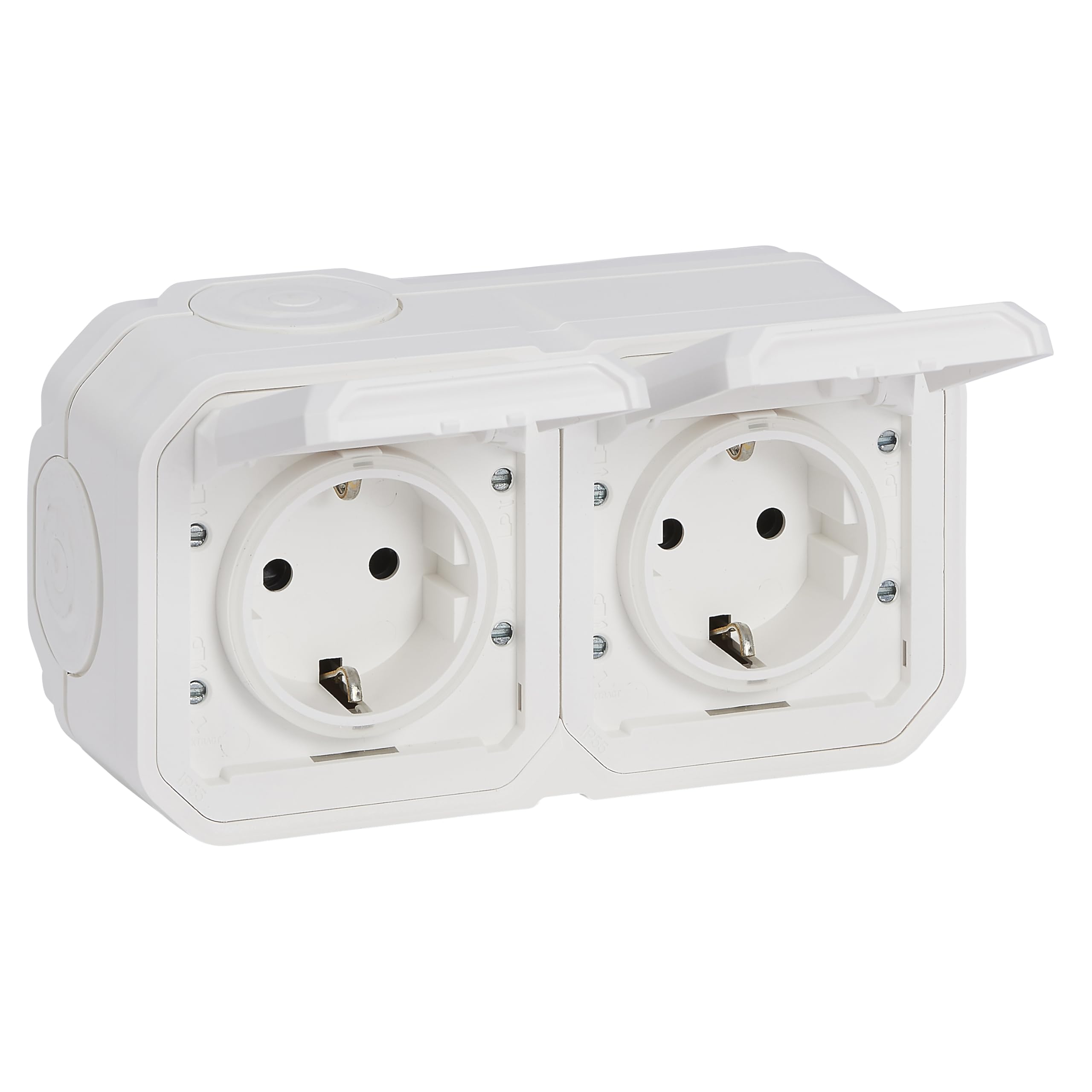 LEGRAND, Plexo New Feuchtraum-Steckdose, 2-fach, Schuko-Standard, inklusive Klappdeckel, Berührungsschutz, vorverdrahtet, Steckklemmen, horizontal, IP44 - IK07, Farbe: Weiß, 069772L