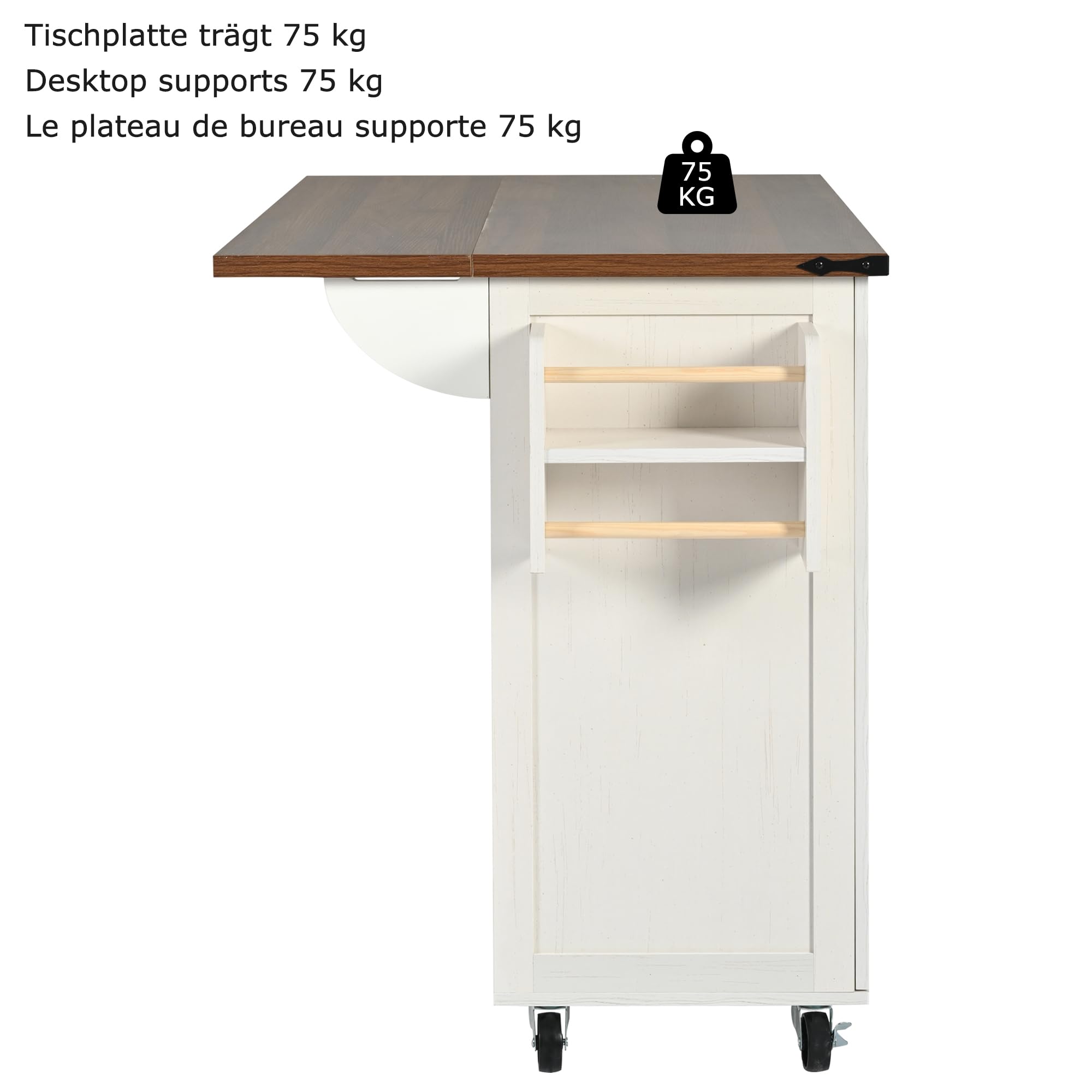 Merax Carrello per isola da cucina con piano di lavoro estraibile, carrello da cucina su ruote con 2 ante scorrevoli e 3 cassetti, armadietto da cucina mobile da cucina, 140 x 45 (73) x 94 cm, bianco