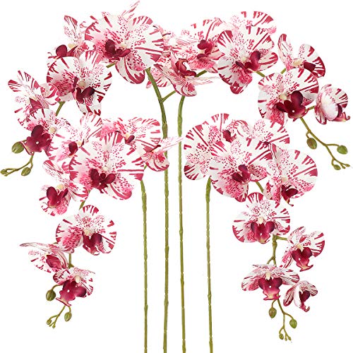 RERXN Packung mit 4 Stück Künstliche Phalaenopsis Orchideen Blüten 9 Köpfe Schmetterlingsorchidee Blüten für die Inneneinrichtung (White Red) Cover