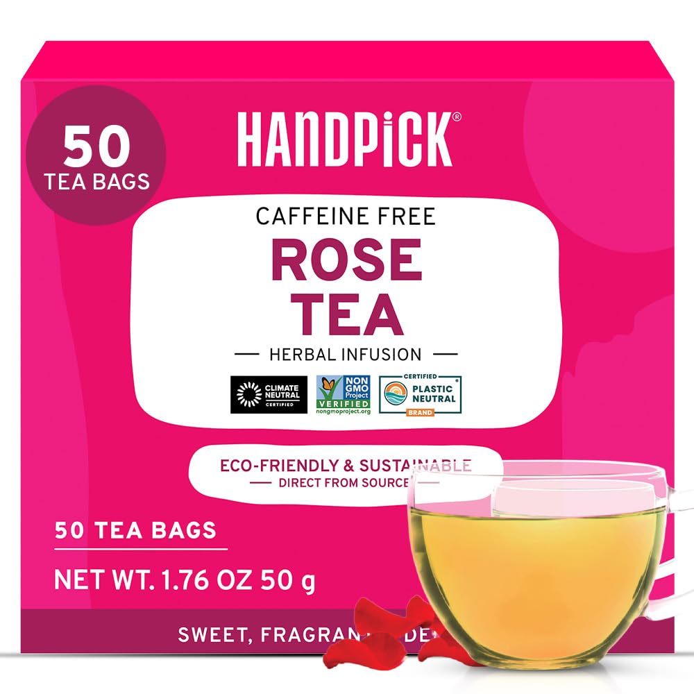 HANDPICK, Rose Buds Herbal Tea Bags - 50 Count | Caffeine Free Rose Tulsi Tea with Chamomile & Rose Extracts | Floral & Smooth | Round Eco-conscious Tea Bags