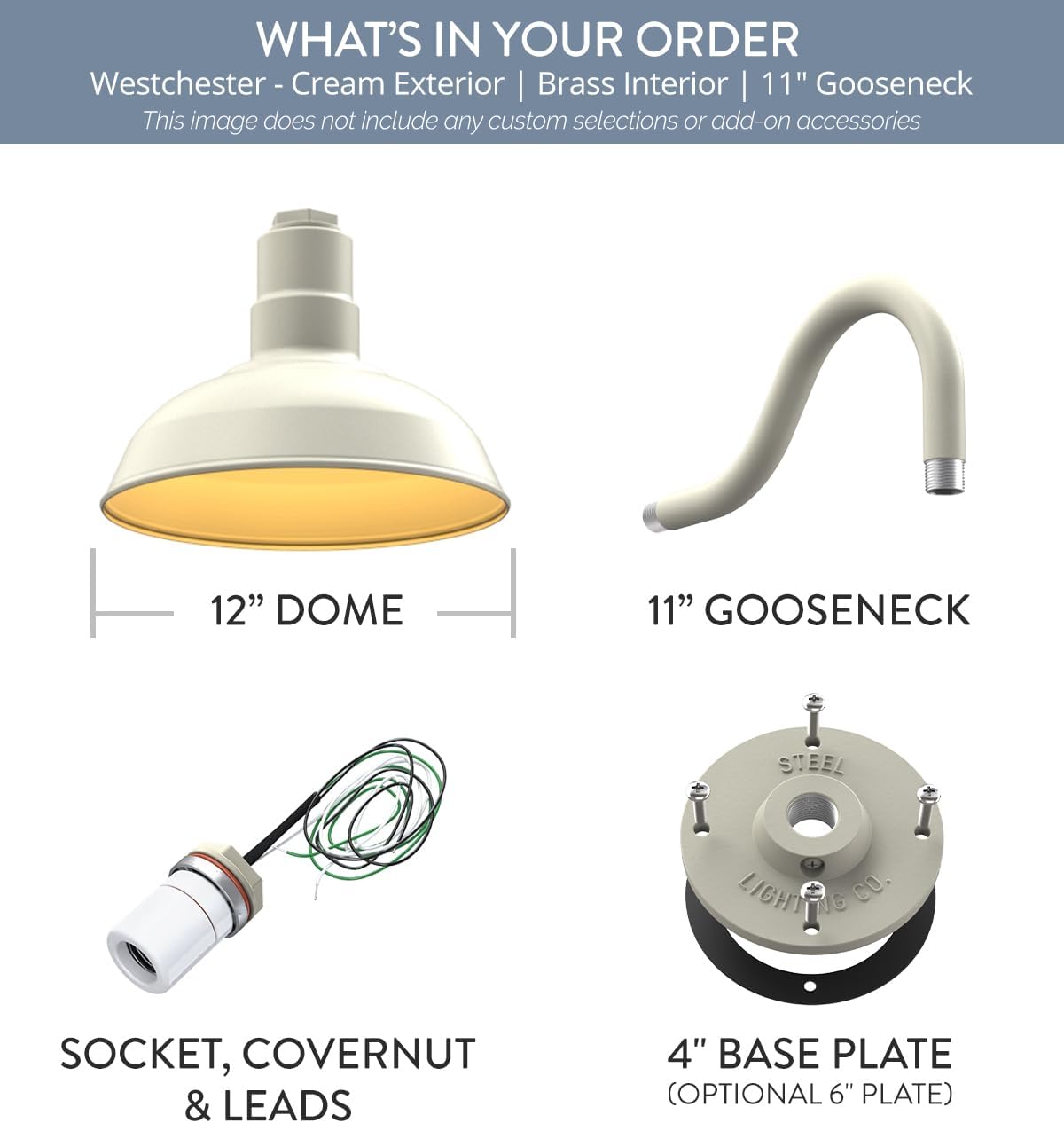 Steel Lighting Co. Westchester Barn Light | Outdoor Wall Mounted | 12 inch Dome | 11" Gooseneck | Warehouse Steel Light Made in America | Cream Exterior/Brass Interior