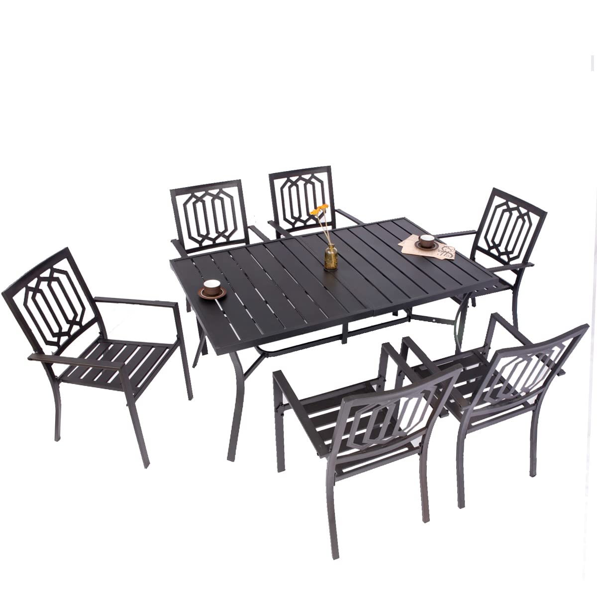 VOYSIGN Patio Dining Set, 7-Piece Outdoor Metal Furniture Set: Rectangle Metaltop Table with Umbrella Holes & 6 Stackable Backyard Garden Chairs