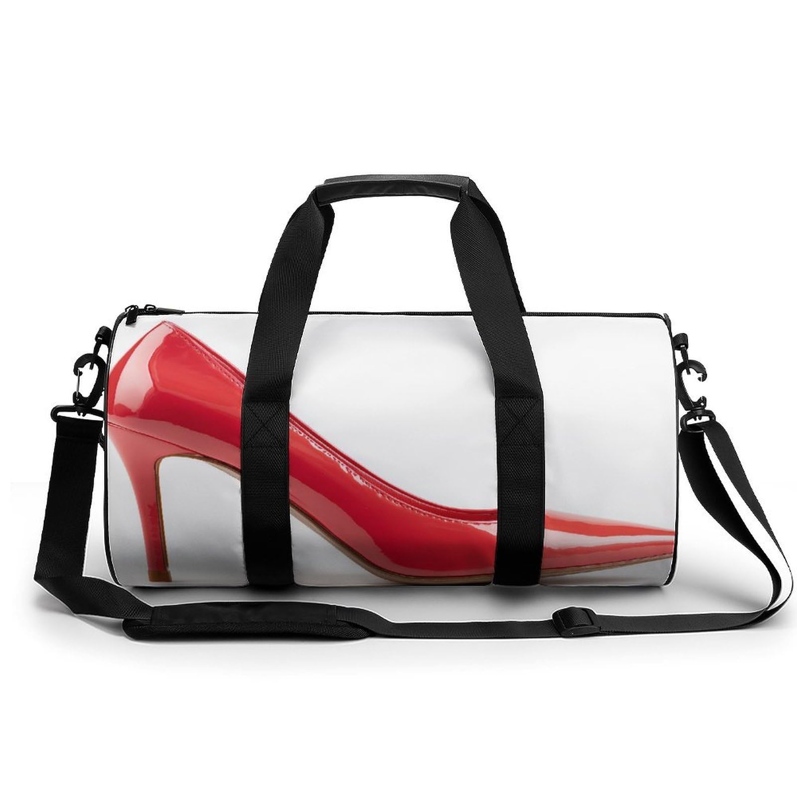 Bolsa de deporte cilíndrica roja unisex con correa para zapatos de tacón 8
