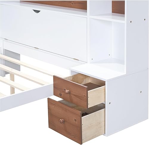 Miniatura 51 de Cama de plataforma de tamaño Queen con cabecero y cajones, marco de cama de plataforma de madera maciza con estantes, puertos USB y enchufes, marco