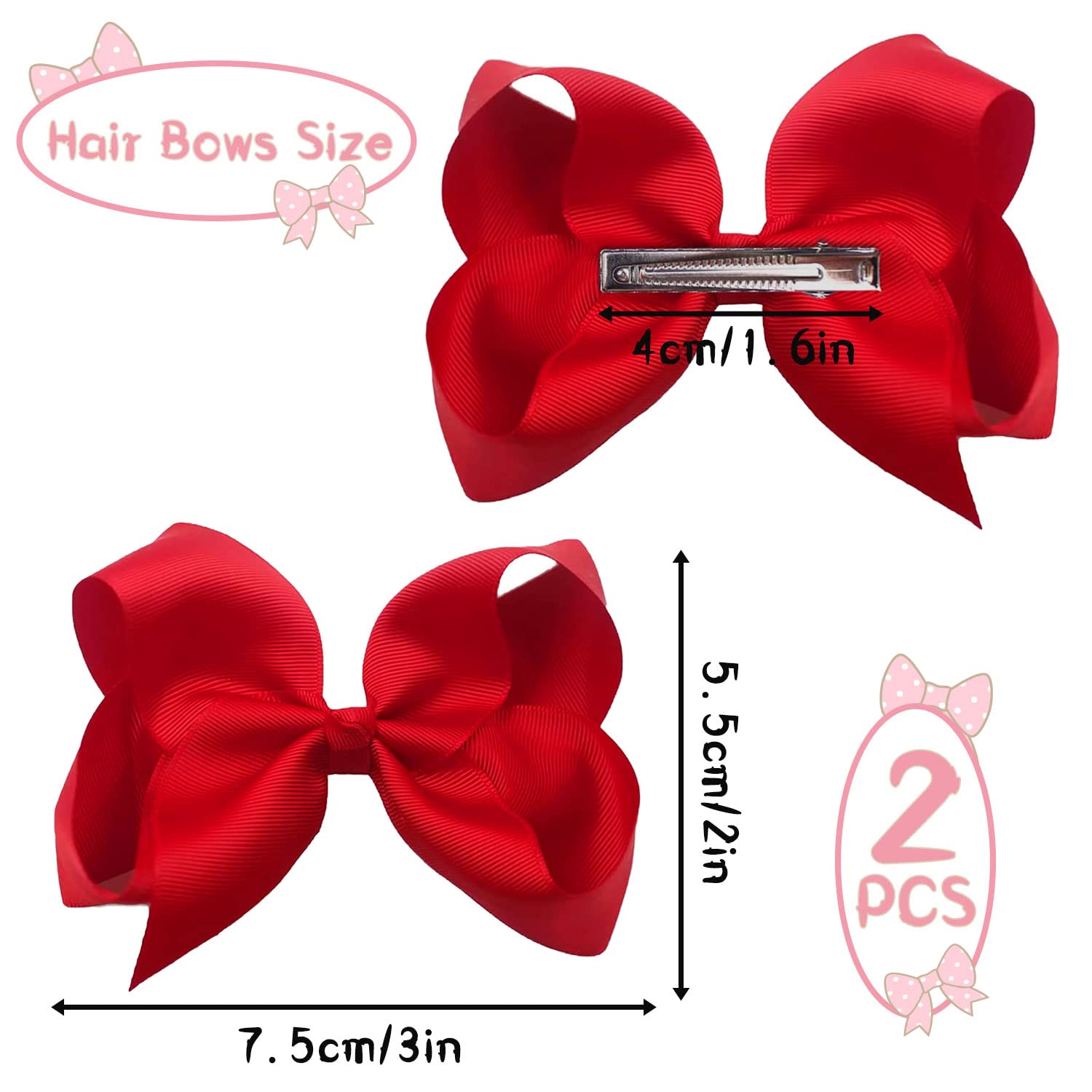 2Pcs Ribbon Hair Bow Clips Barrettes, 3 inch Ponytail Holder with Duckbill Clip for Children Kids Girls Women (Red) - Image 2