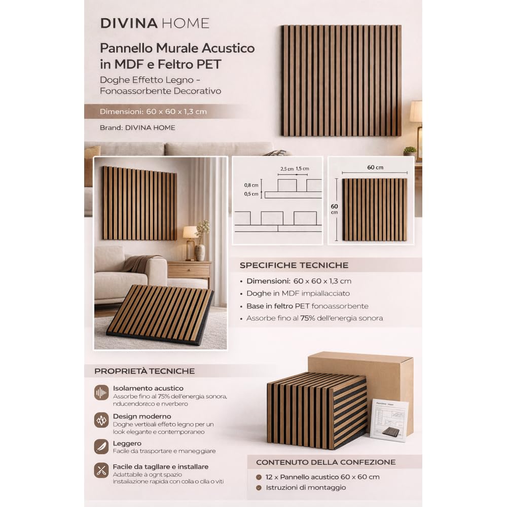 Listwy drewniane listwy dekoracyjne listwy MDF i filc PET zestaw 12 szt. 60 x 60 wyciszający dźwięk okładziny ścienne jasny orzech