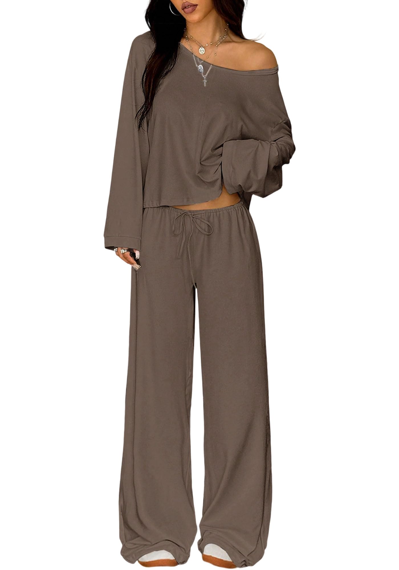 TDCoool Two Piece Matching Lounge Sets For Women Vacation Airport Fall Outfits Off Shoulder Sweatshirt Wide Leg Sweatpant Set