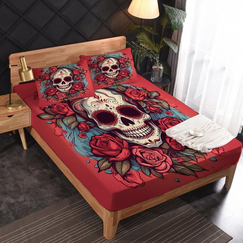 Miniatura 3 de Juego de sábanas de calavera tamaño California King, sábanas y fundas de almohada, 100% microfibra, bolsillo profundo, incluye 1 sábana encimera, 1
