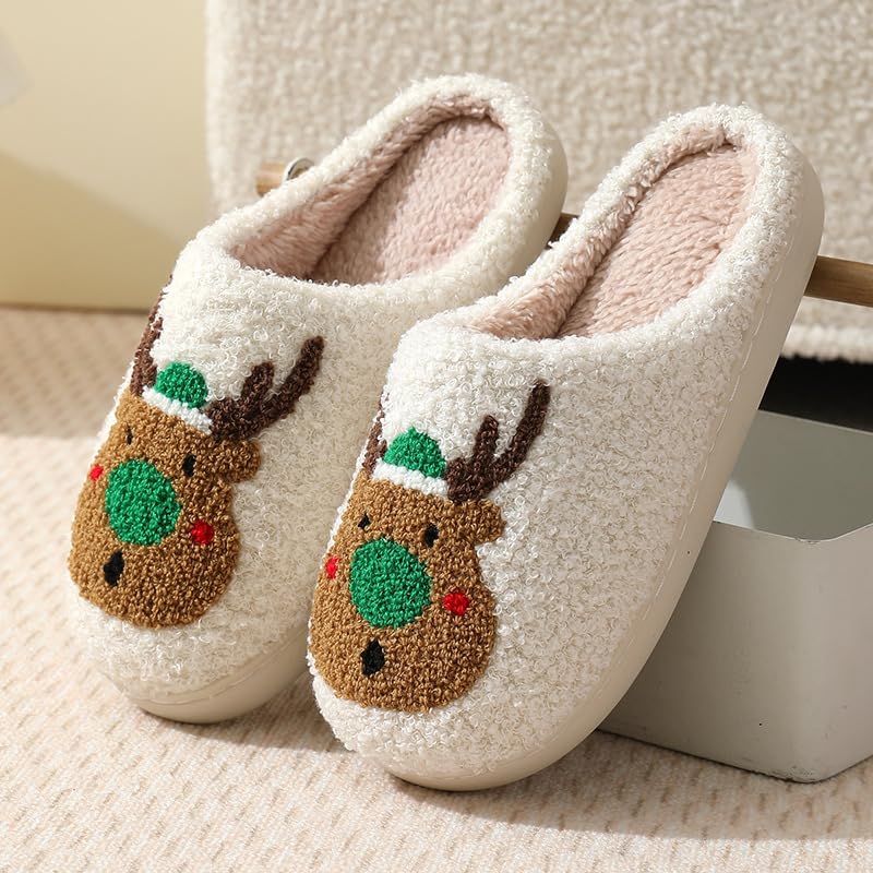 Snugeasy Christmas Slippers Reindeer for Womens Mens Soft Plush Comfy Warm Fuzzy Slippers Red Moose Santa Claus Indoor Outdoor Slip On House Slippers Christmas Gifts, Green Elk, 5.5-6 Women/4.5-5 Men3