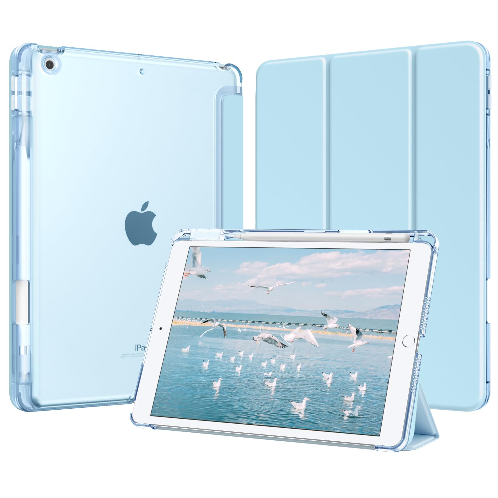 MoKo Hülle für iPad 9./8./7. Generation 10,2 Zoll 2021/2020/2019 mit Stifthalter, Schlank Leicht Trifold Schutzhülle Harter PC Transluzenter Rückseite, Auto Schlafen/Aufwachen, Himmelblau