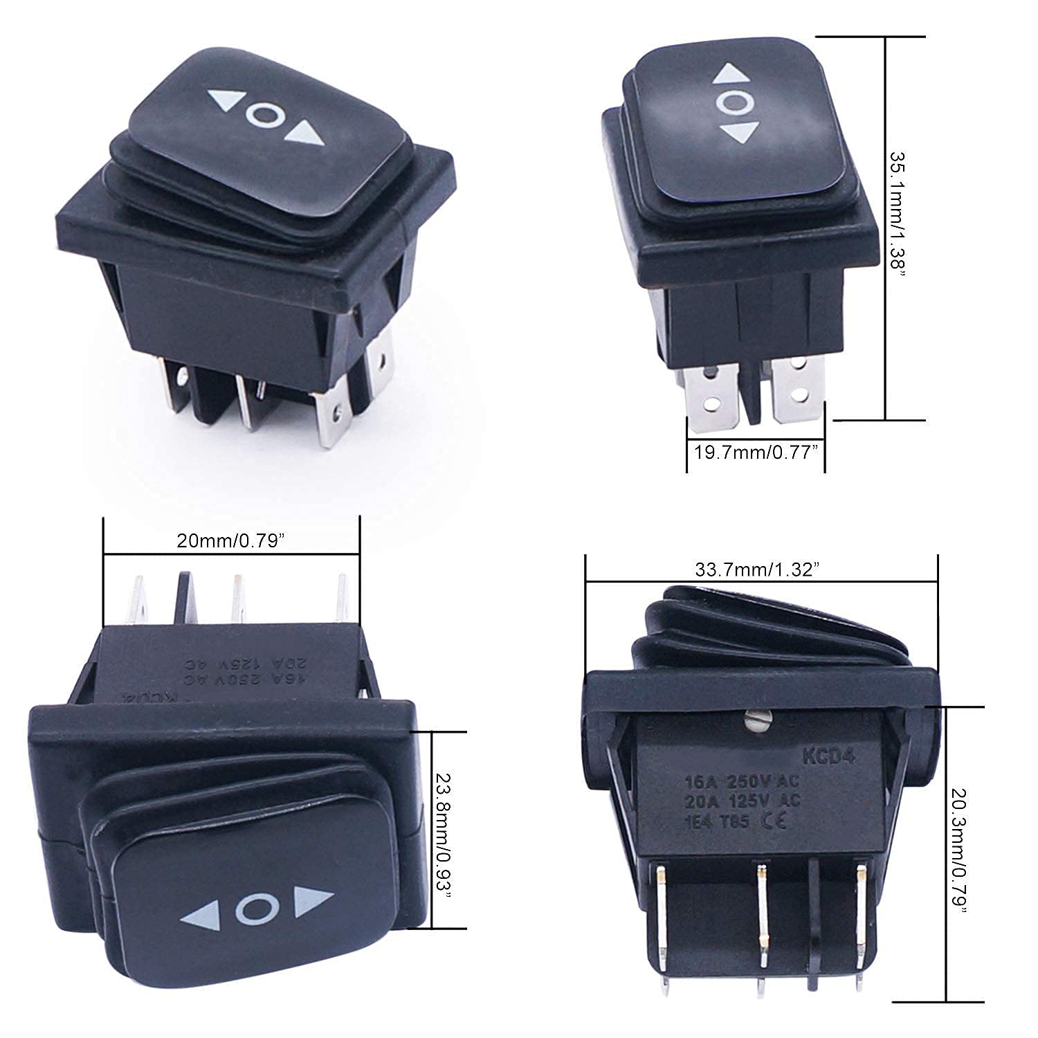 2 interruptores basculantes impermeables de 6 pines, encendido/apagado/encendido, 3 posiciones, negro, 250 V/16 A, 125 V/20 A, interruptor automático