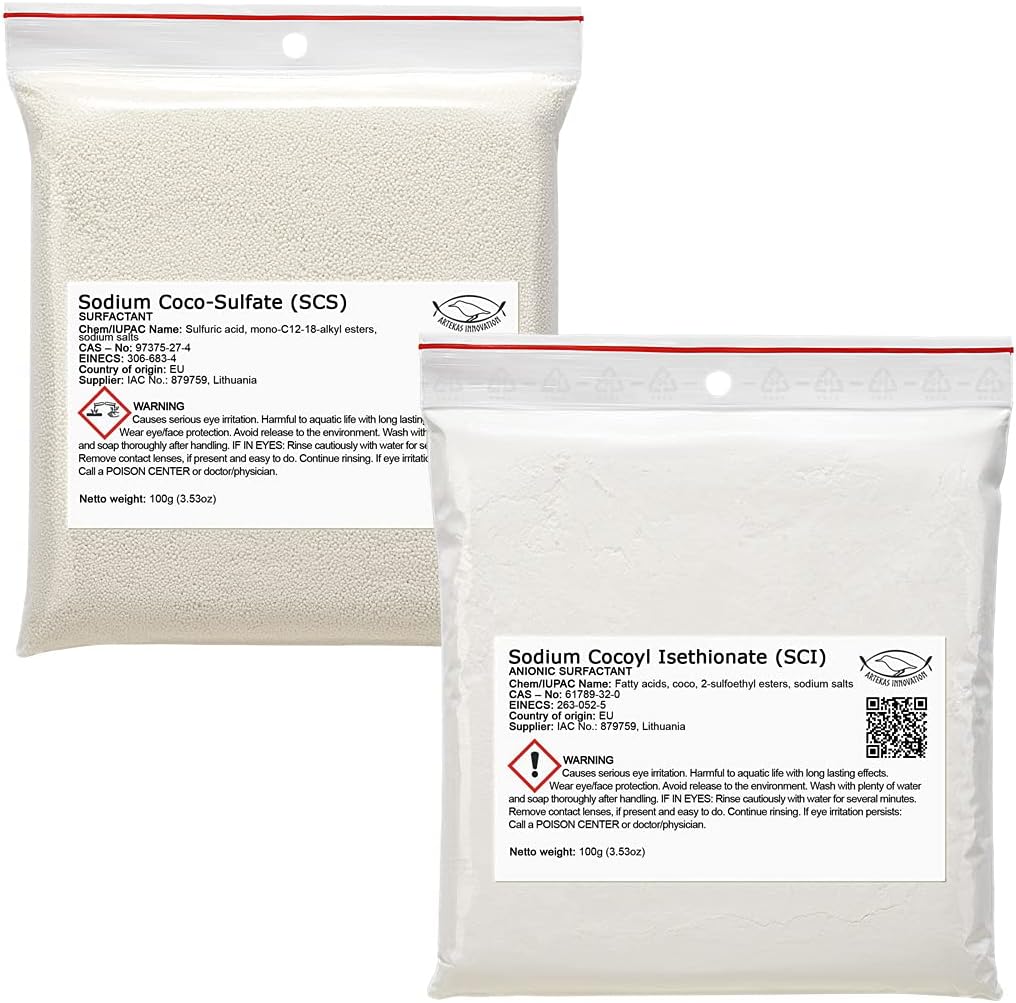 Anionic, Foaming Surfactants Set - Sodium Coco Sulfate (SCS) 100 g | 3.53 oz and Sodium Cocoyl Isethionate (SCI) - 100 g | 3.53 oz