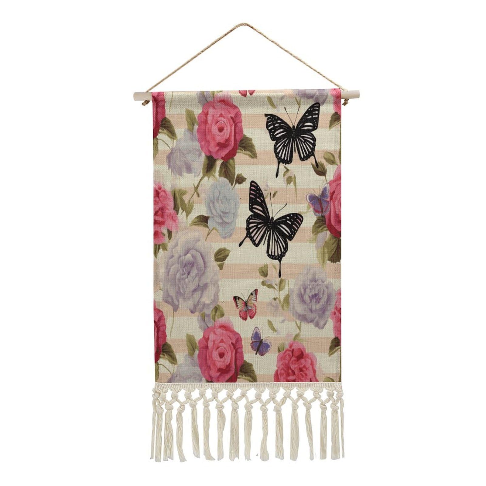 Adfgyerh Style Striped Flower Butterfly1 Tapestry With Tassels Cotton And Linen Hanging Posters, Wall Art For Travel Gift, Wall Tapestry For Office Home Decor Bedroom Living Room Decor