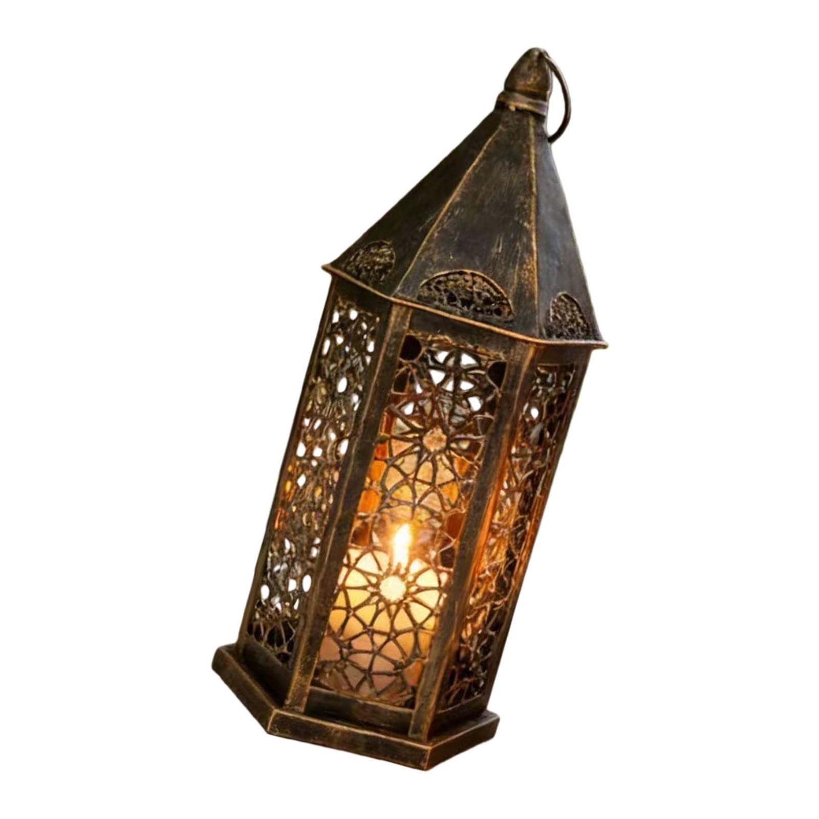 Retro Golden Moroccans Lanterned Iron Holder for Tabletop Hanging Indoor Halloween Moroccans Glim Outdoor Indoor