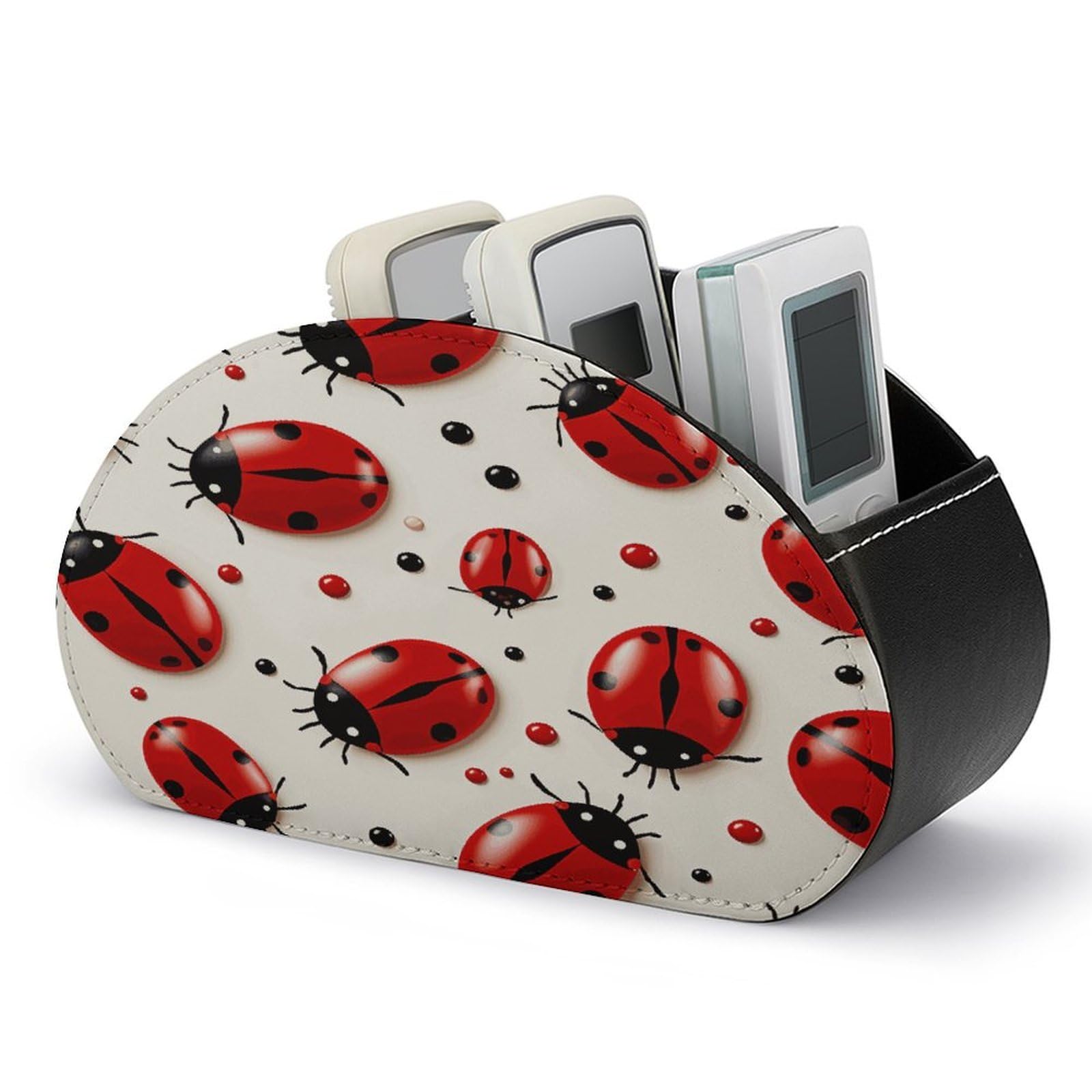 FekiLoot Red Ladybug TV Remote Control Holder with 5 Compartments Multi-functional Leather Bedside Table Remote Caddy Desktop Storage Box for Store Pen Controller Media Player Cosmetic