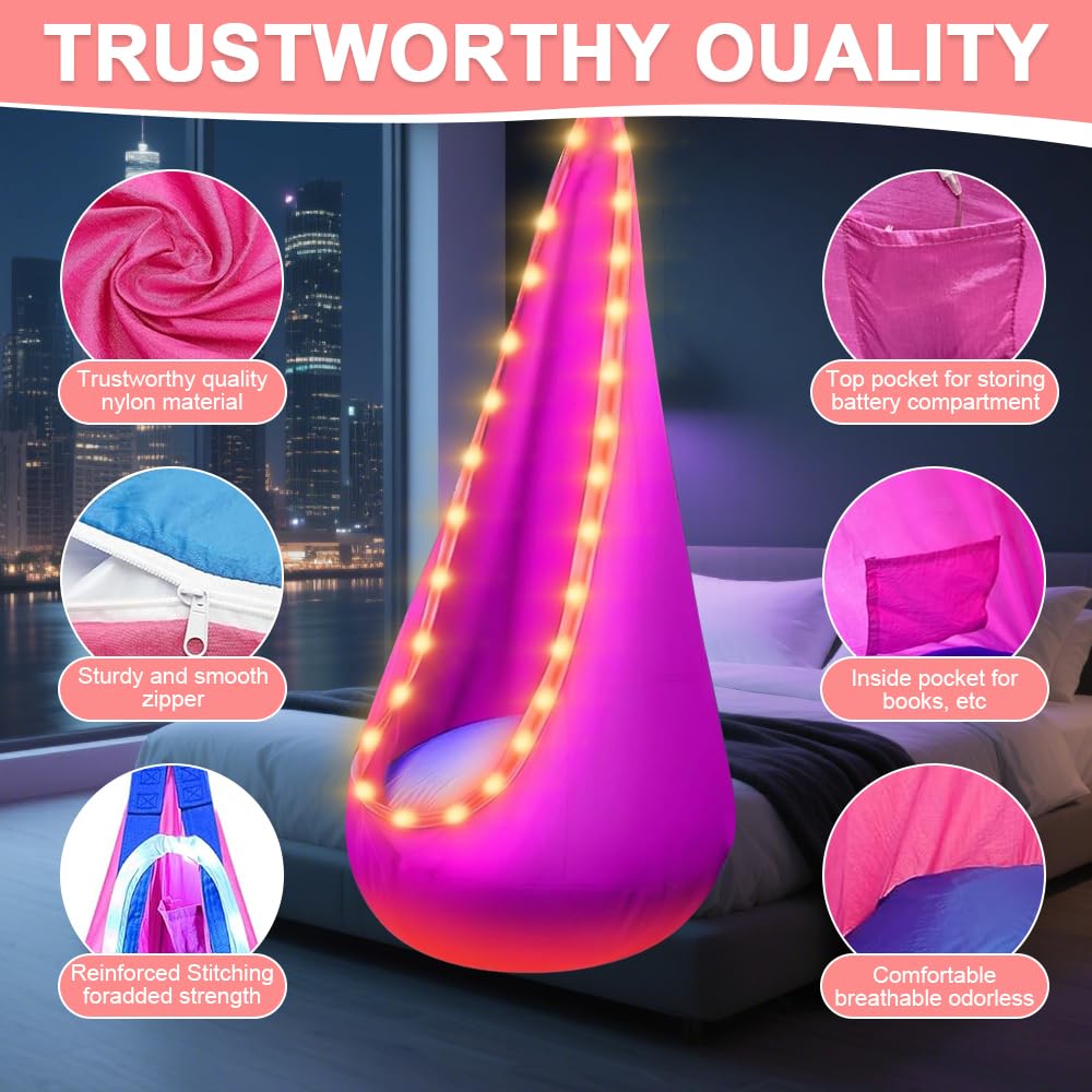XPJBKC Hangstoel, pod schommelzitje met led en opblaasbaar kussen, doe-het-zelf hangstoel met pomp, belastbaar tot 80 kg - 70 x 150 cm (roze