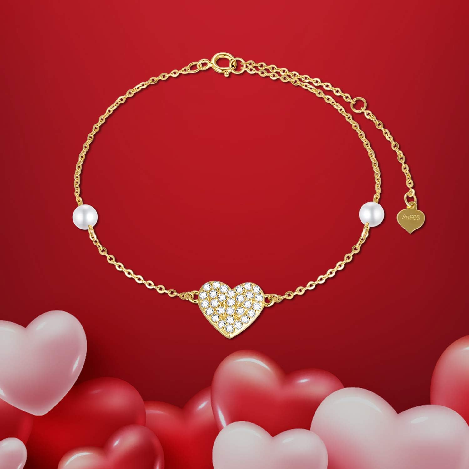 14k Gold Heart Anklet for Women, Real Gold Pearl Love Jewelry Ankle Bracelets Gifts for Wife/Girlfriend, Present for Her, 8.6"-10.2"