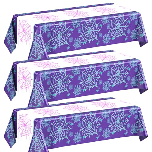 Image of Oudain 3 Pack Spider Theme Birthday Decorations Halloween Purple Black Red Green Pink Web Bat Tablecloth Cartoon Table Cover Party Favor for Birthday(Spider,Web,Purple)