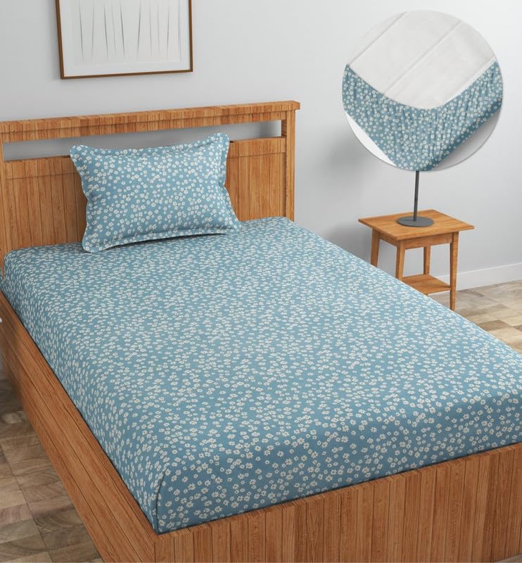 Image of NEW LEAF Premium Cotton Elastic Fitted Bedsheets with 1 Pillow Covers |Printed Single Bed Elastic 220 TC Supersoft Breathable & Wrinklefree | for 72x36+6 Inches, Light Blue