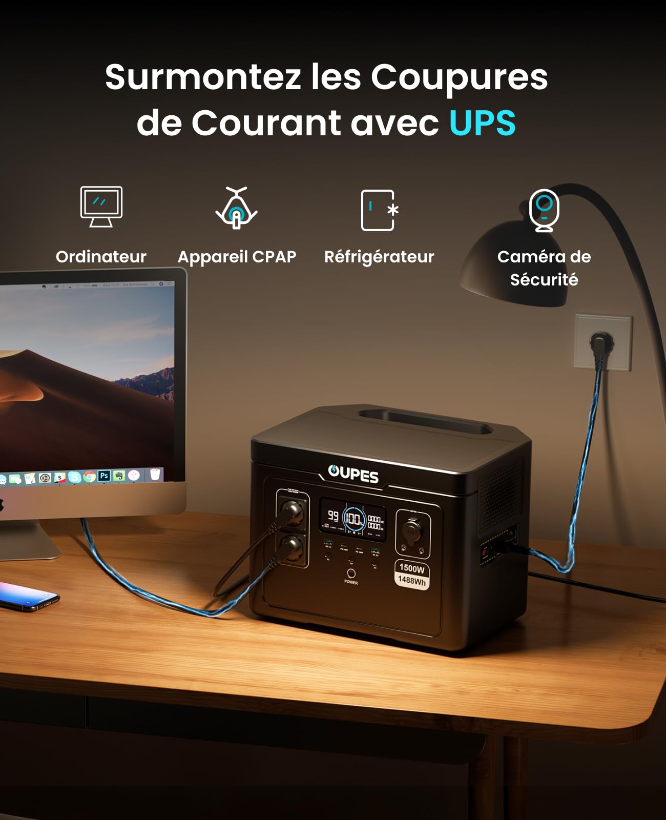OUPES Exodus 1500 Générateur Electrique Portable, 1488Wh Batterie Nomade avec 2 Prises AC 1500W (Boost 1700W, Pic 3600W), Charge Rapide, UPS, Alimentation Secours pour Camping, Camping-car et Maison