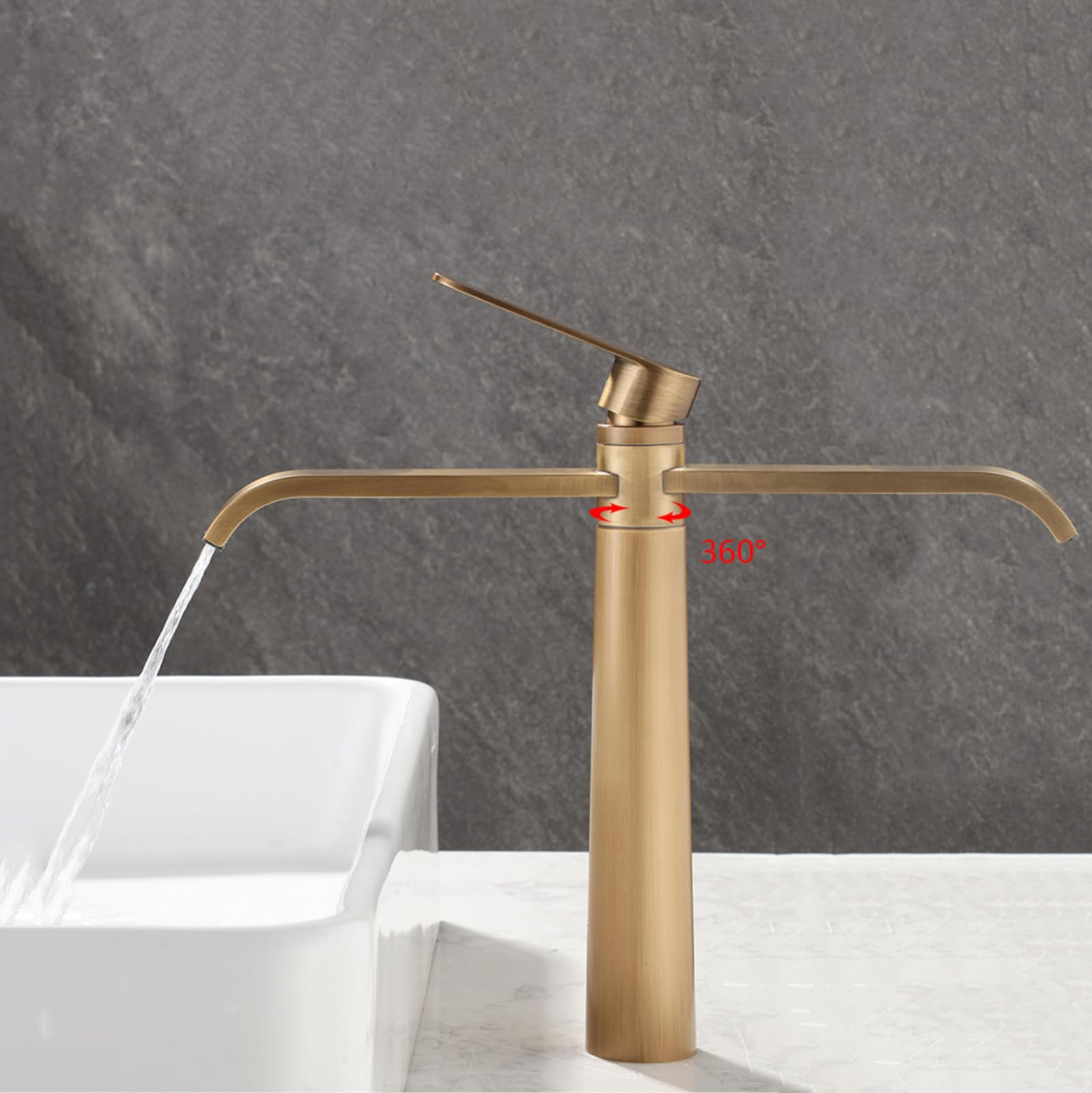Waschtischarmatur Hoch Wasserfall 360° Schwenkbar Wasserhahn Bad Antik Messing Einhebel Mischbatterie Einzelloch