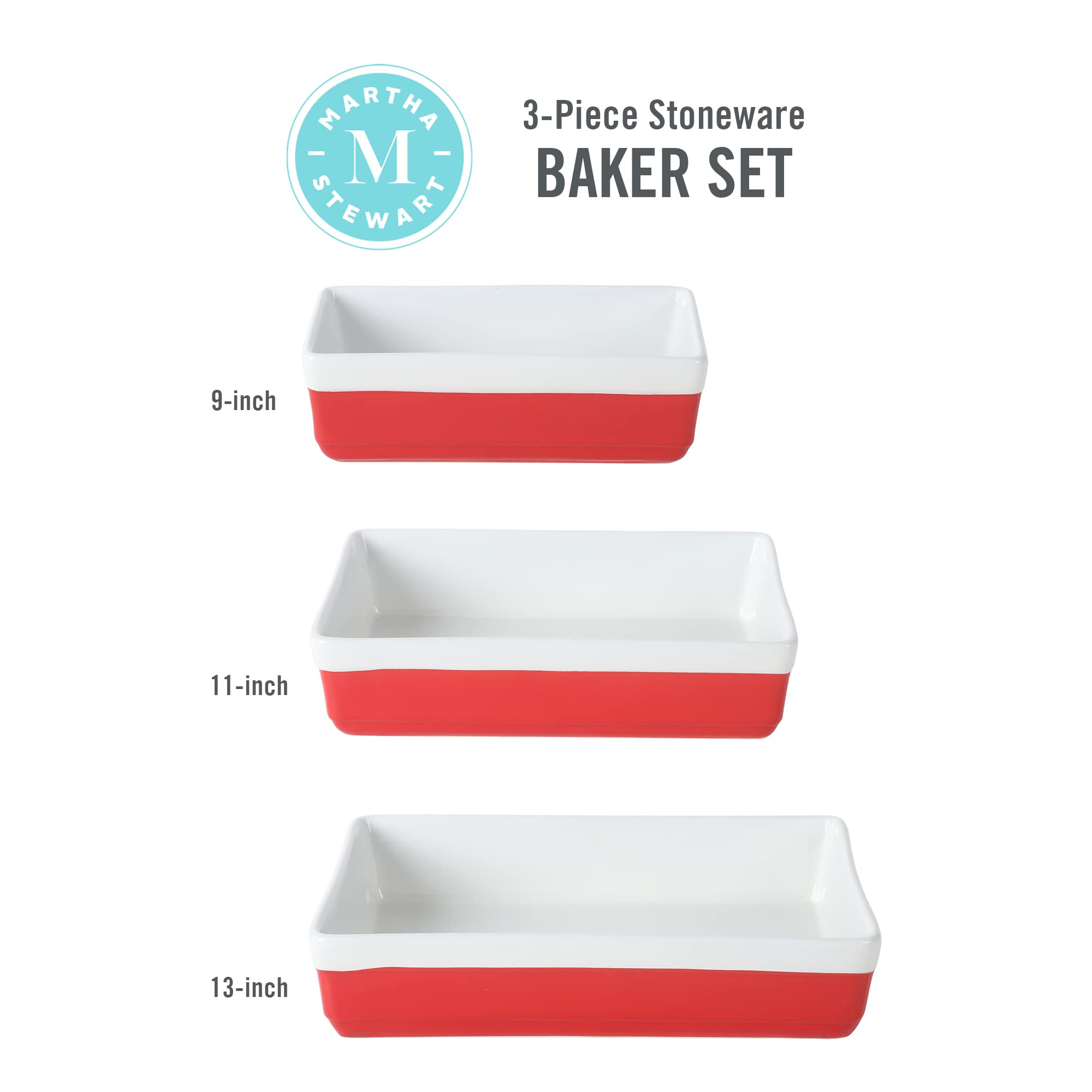 MARTHA STEWART 3-teiliges Backformen- und Auflaufform-Set aus Steingut, Rot