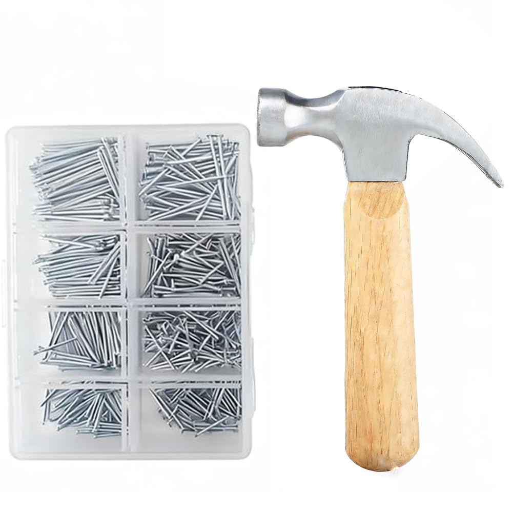Zaselect Silver 560Pcs Picture Hanging Nails Assortment Kit With Wooden Handle Hammer & Nail Puller-Small Nails For Diy, Home Repairs & Woodworking