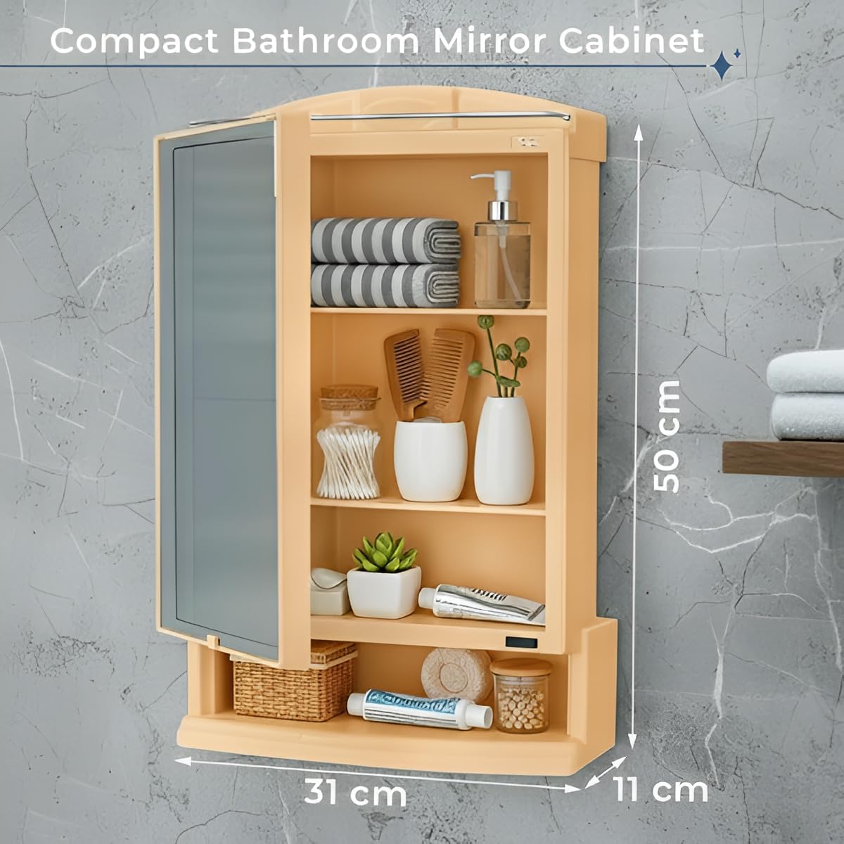 KITCHIVO Plastic Premium Multipurpose Wall Mounted Storage Cabinet with Mirror, Prime Look (Champagne Gold, Medium)