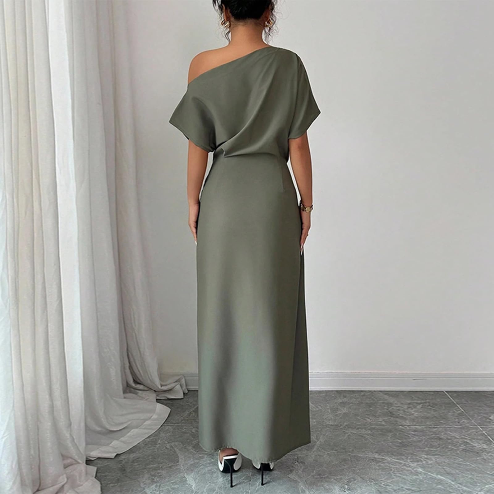 Festliches Kleid Damen Hochzeit Wickelkleid One Shoulder Kleid Schulterfrei Cocktailkleid Hochzeitsgast Damenkleider Elegant Frauen Sommerkleid Kurzarm Abendkleid Lang