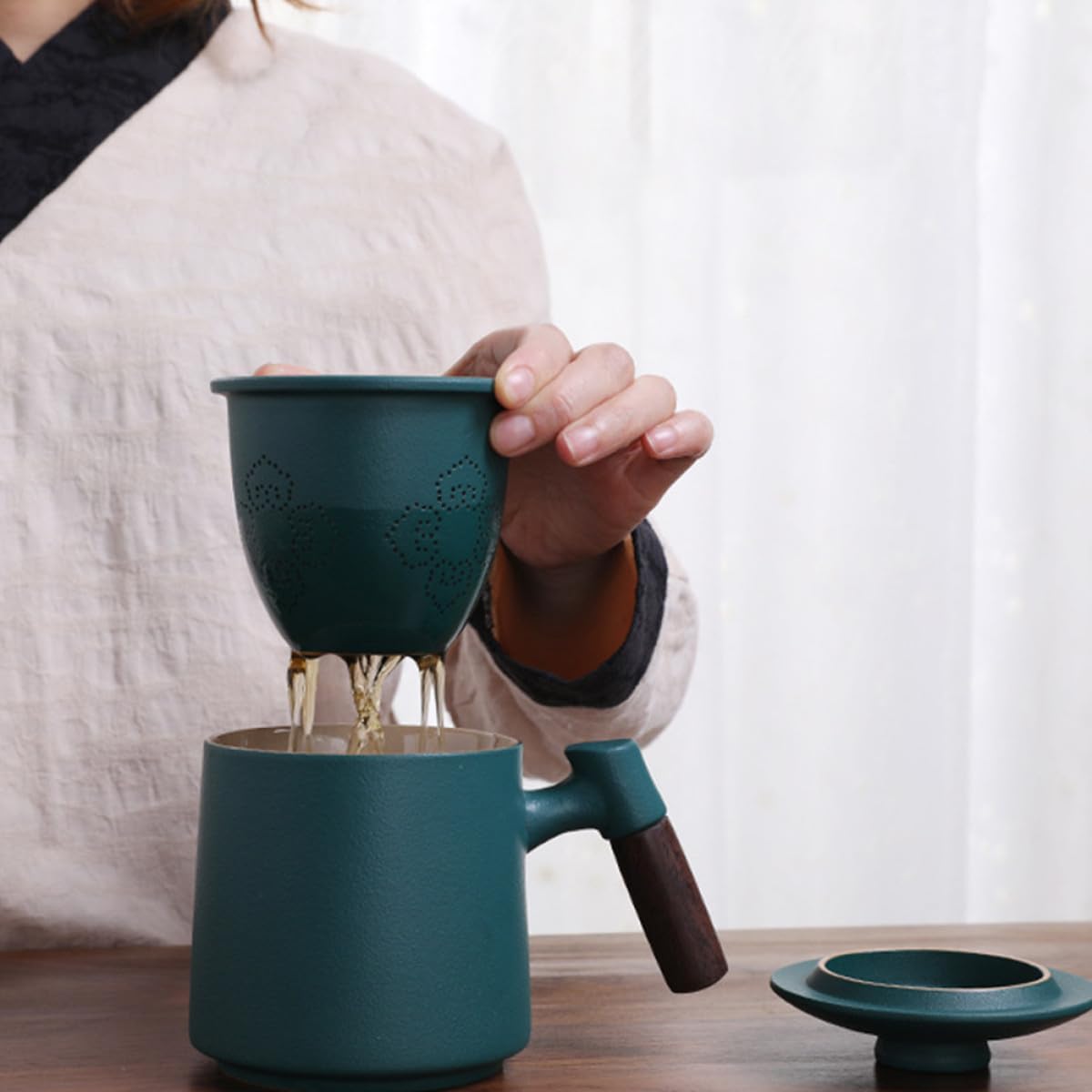BESPORTBLE Taza de Cerámica con Mango de Madera y Tapa Set 3 Piezas 400ml Taza de Té con Infusor para Hogar y Oficina con Leche Verde Multiusos para Infusiones y Bebidas Calientes