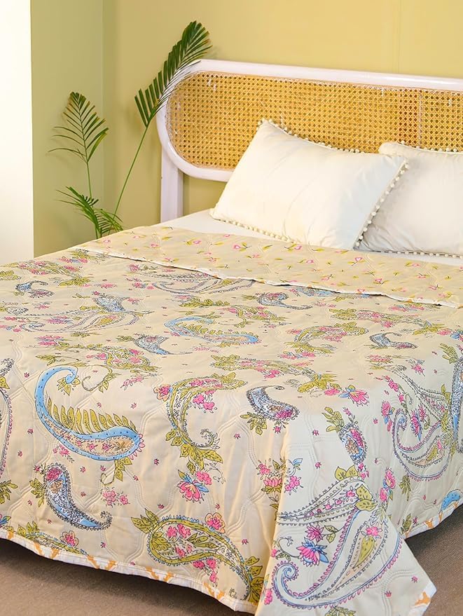 Image of Dohar Single OR Double Bed 100% Cotton Blankets for Summer 150GSM Ac Comforter and Cooling for Summer Classic Printed Design Quilt Ideal for Gifting (Curry Flower Design, Double Bed)