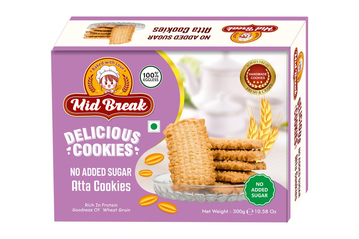 Mid Break Atta Biscuits - 300gm (Pack Of 1) | 100% Wheat Biscuits With No Added Sugar | Atta Biscuit For Healthy Tea Snacking | Premium Handmade Cookies | Eggless & Vegetarian