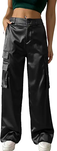 Pantaloni cargo donna larghi in raso casual vita alta oro argento streetwear