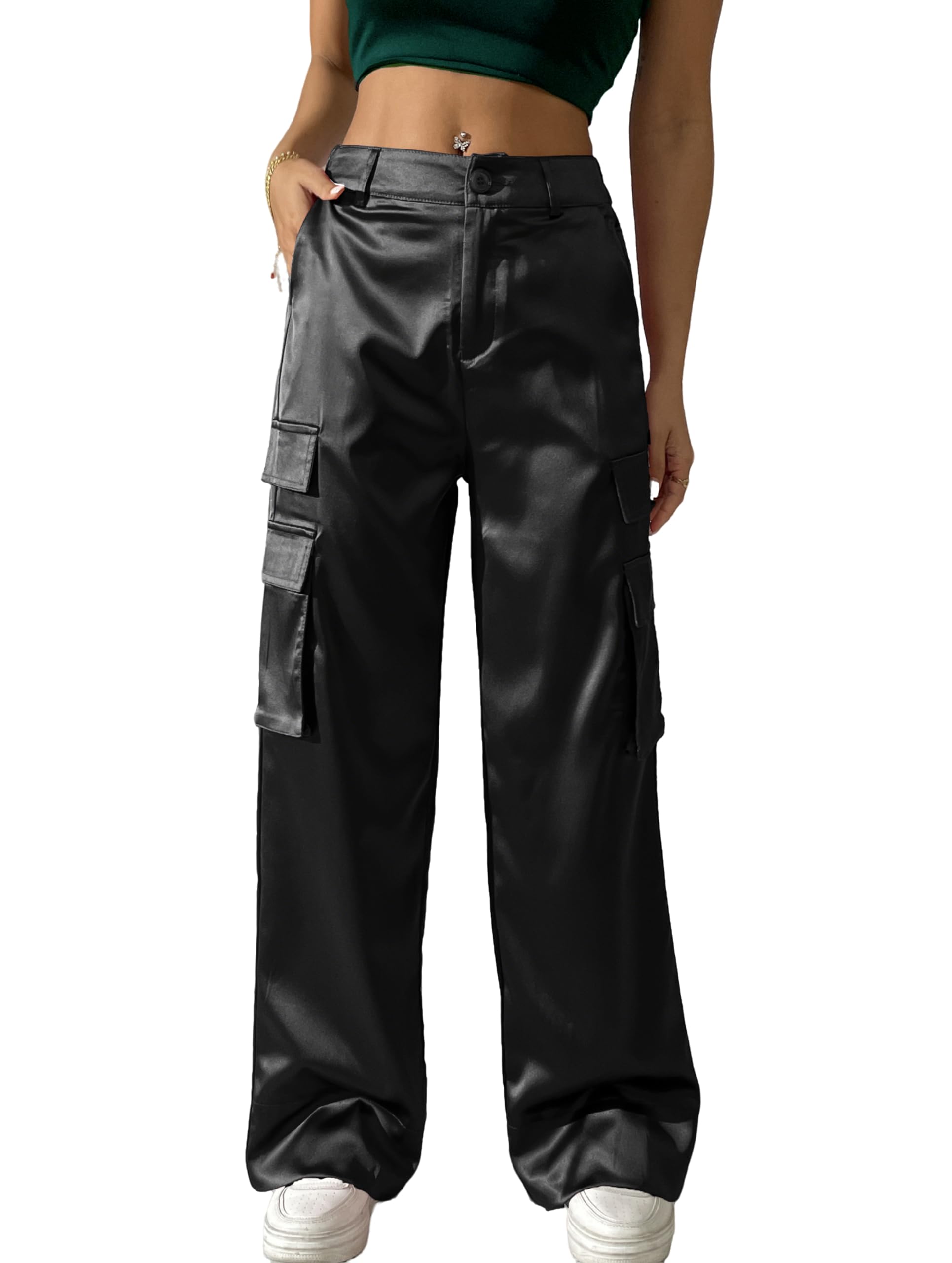 Fakanhui Womens Cargo Pants Baggy Satin Casual High Waisted Gold Silver Party Club Streetwear Trouser