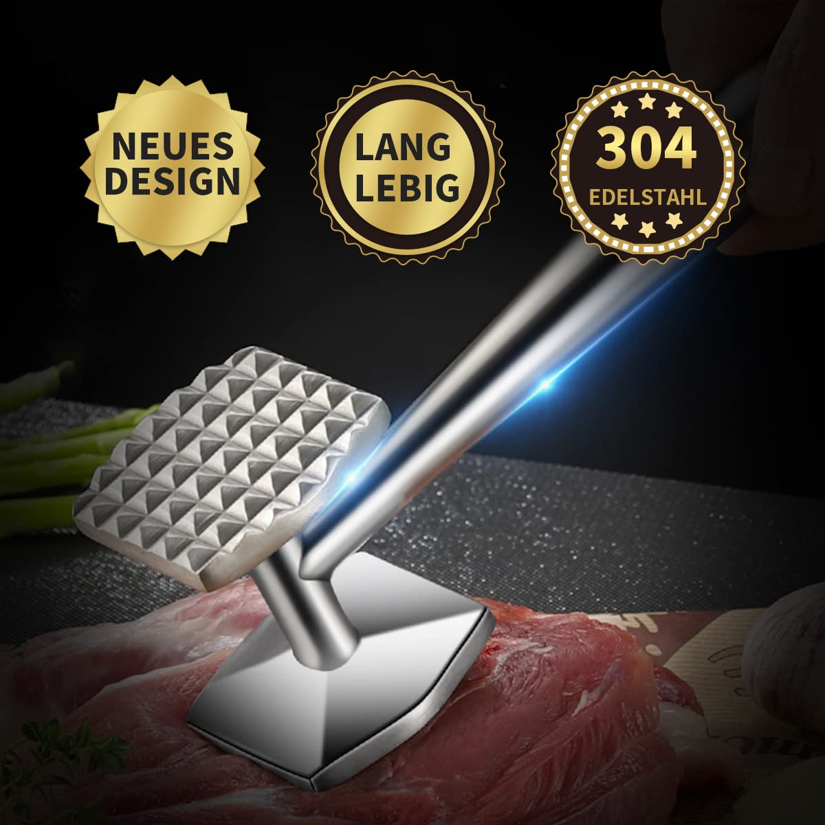 AMOZO Fleischhämmer-Fleischklopfer Edelstahl Spülmaschinenfest-Doppelseitig Schnitzelklopfer für Schnitzel, Koteletts, Steaks– Meat Tenderiser Stainless Steel