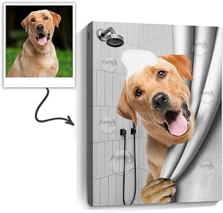 QOQIOSOC Custom Pet Photos Canvas Wall Art, Personalized Cute Bathing Dog Pictures Painting Prints, Funny Animals Bathroom Wall Decor Pet Portrait Framed Artworks Gift Ready to Hang