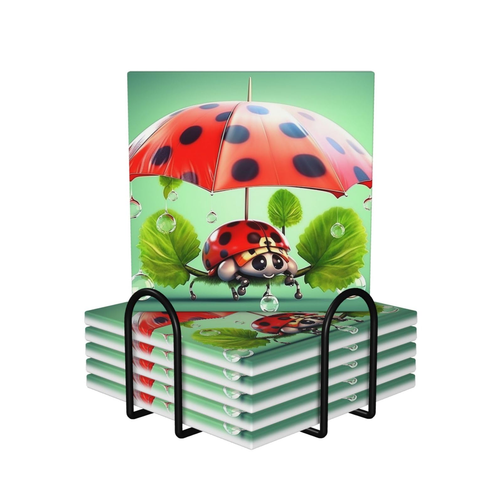 6Pcs Ceramics Coaster for Drinks, Funny Ladybug Holding Umbrellas Cup Coasters with Holder, Aesthetic Drink Coasters for Coffee Table, Absorbent Round Coaster for Tabletop Protection 4" Cup Mat Pad